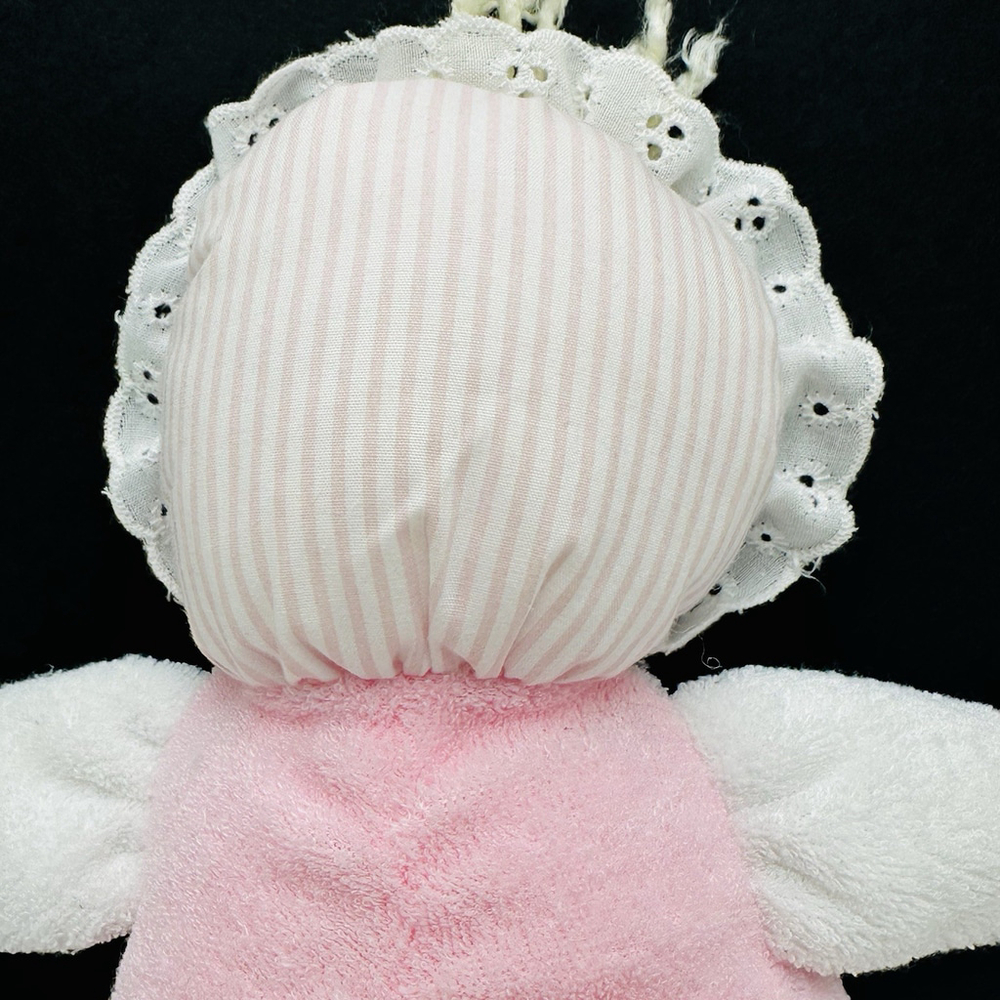 Vintage Eden Pink White Doll Terry Cloth Blue Eyes Bonnet Lace Soft Plush 10”Toy - Picture 6 of 11